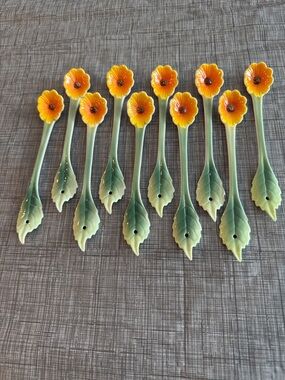 Set of 10 Floral porcelain Spoons - Yellow Flowers with Green Leaves